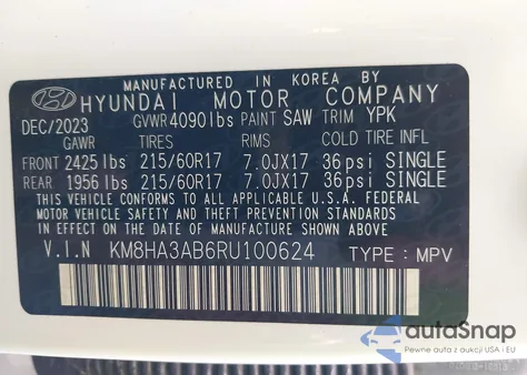 2024 Hyundai Kona Se из США, поврежденный, VIN KM8HA3AB6RU100624